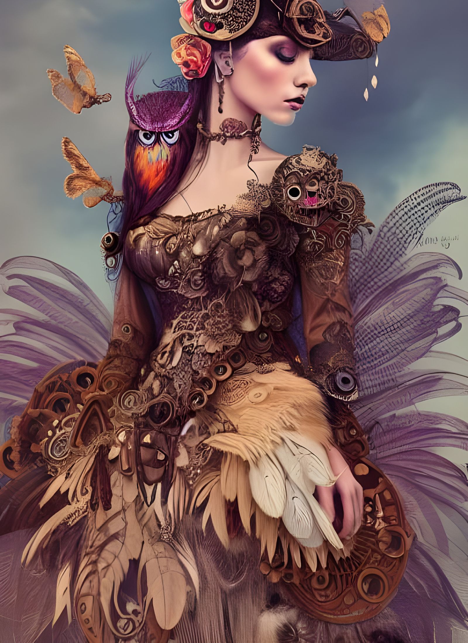 Steampunk Owl Woman in Feathered Dress