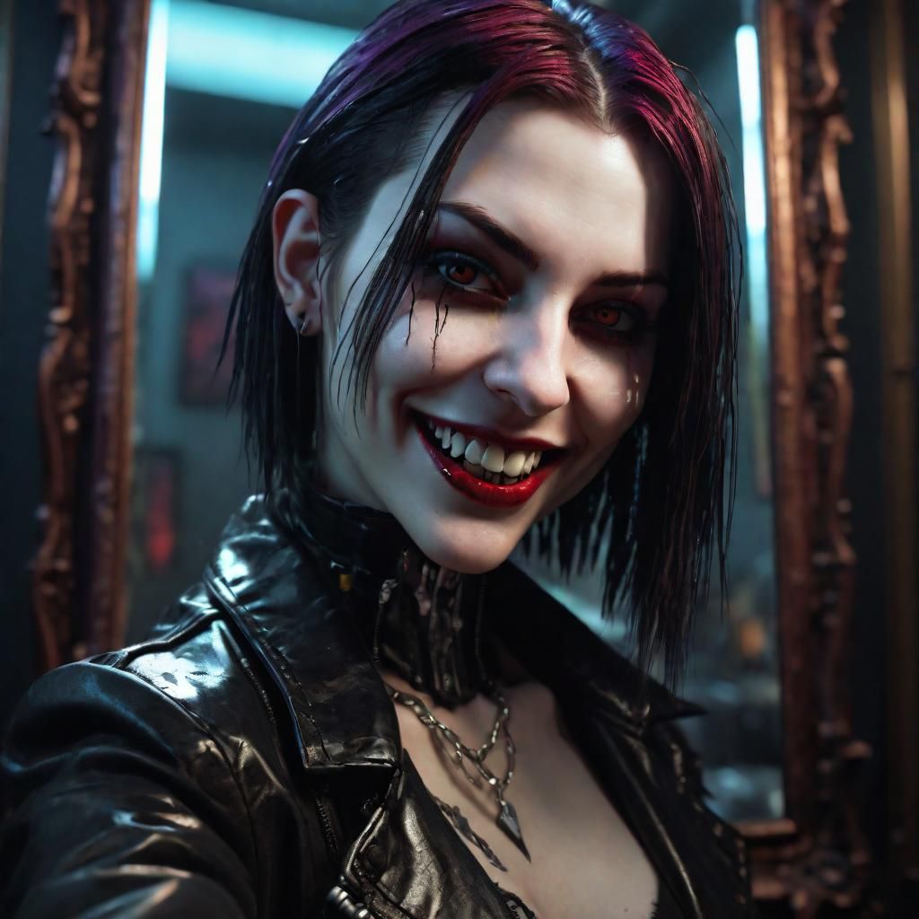 Cyberpunk Vampire Mirror Selfie: Dark Fantasy Art