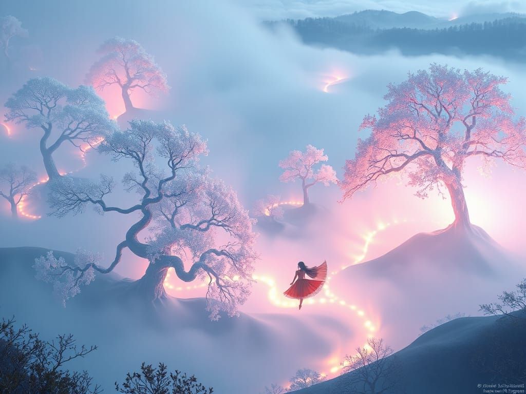 Ethereal Mist Weaving Surreal Landscapes in Vaporwave Style