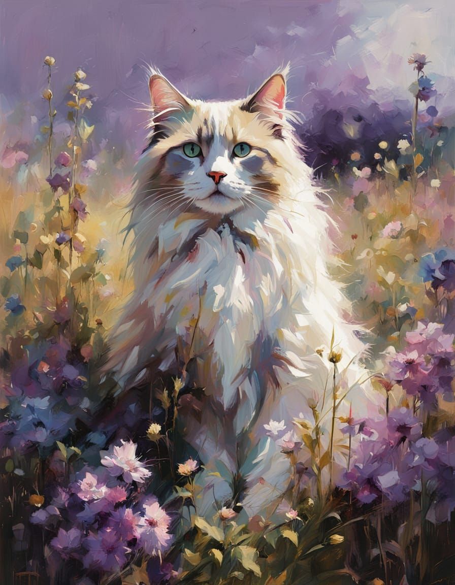 Ragdoll Cat in Flower Field: Oil Painting