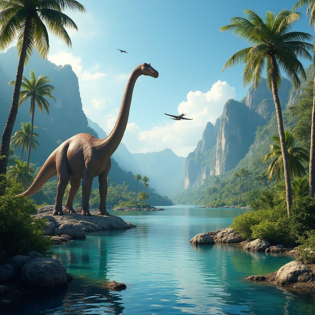 Tropical Dinosaur Landscape with Luxury Cars