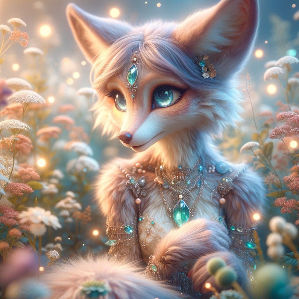 Dreamlike Fox Spirit with Glass Jewelry in Pastel Field