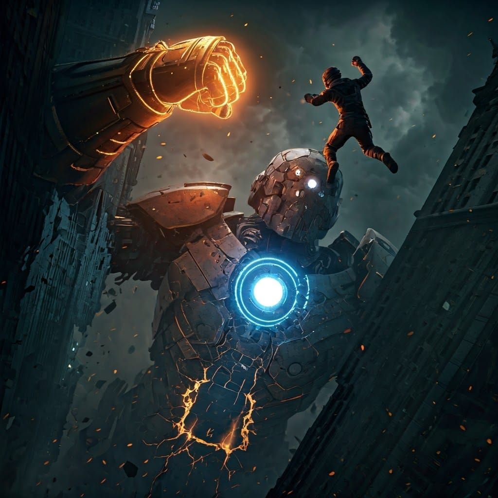 Warrior Leaping to Punch Robot in Warzone