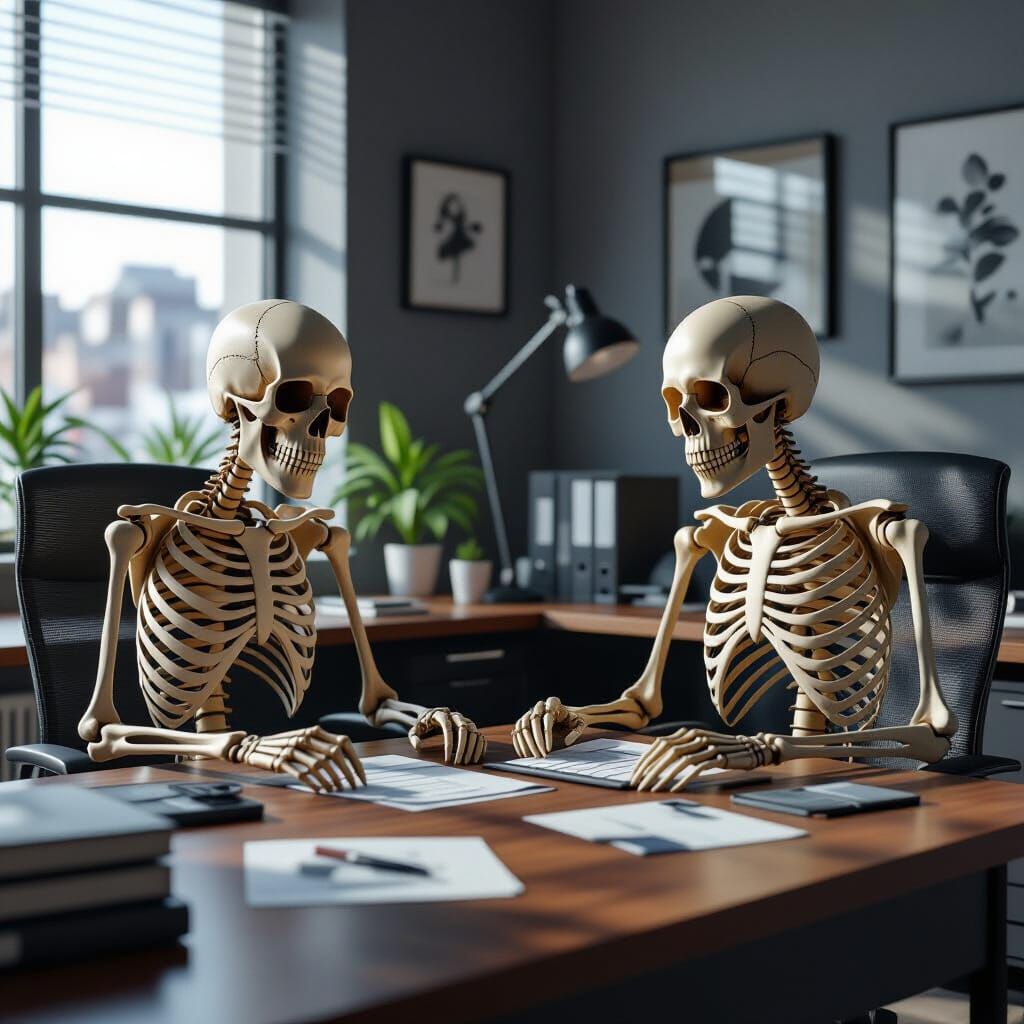Skeletons Working in Office, Detailed Matte Painting