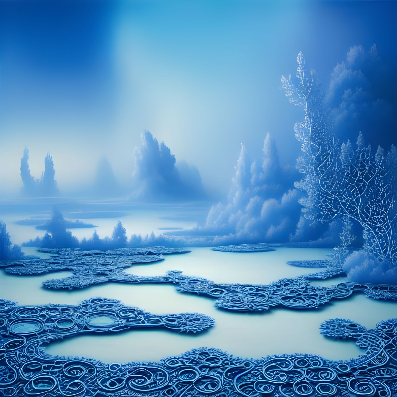 Entangled Blue Landscape with Aurora Iridescence