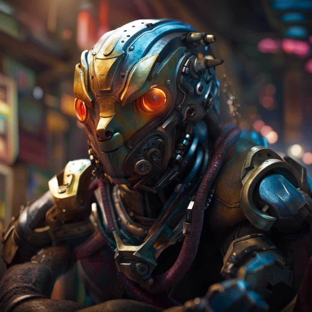 Young Man in Power Armor in Detailed Workshop