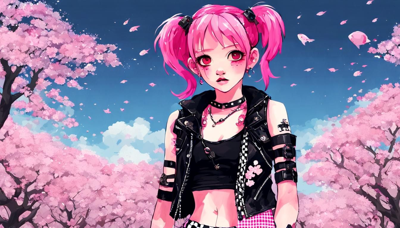 Punk Girl in Cherry Blossoms, Anime Style