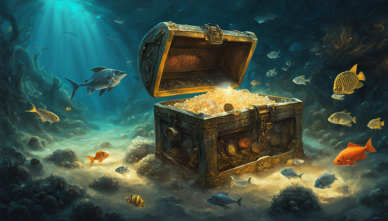 Sunken Treasure Chest in Deep Sea, Oil Painting