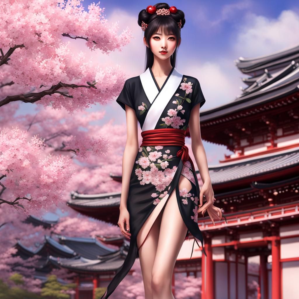 Ainu Supermodel in Cherry Blossom Garden: Digital Painting