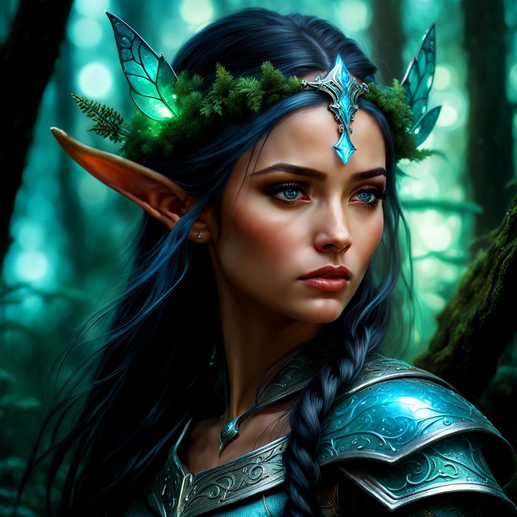 Fantasy Elf Ranger in Bioluminescent Forest
