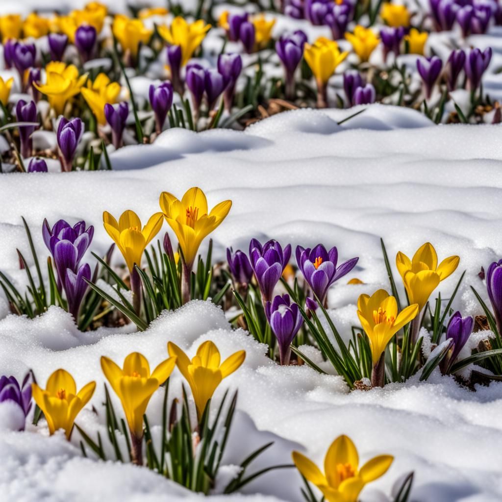 Crocuses and Daffodils in Snow, Hyperrealistic Image