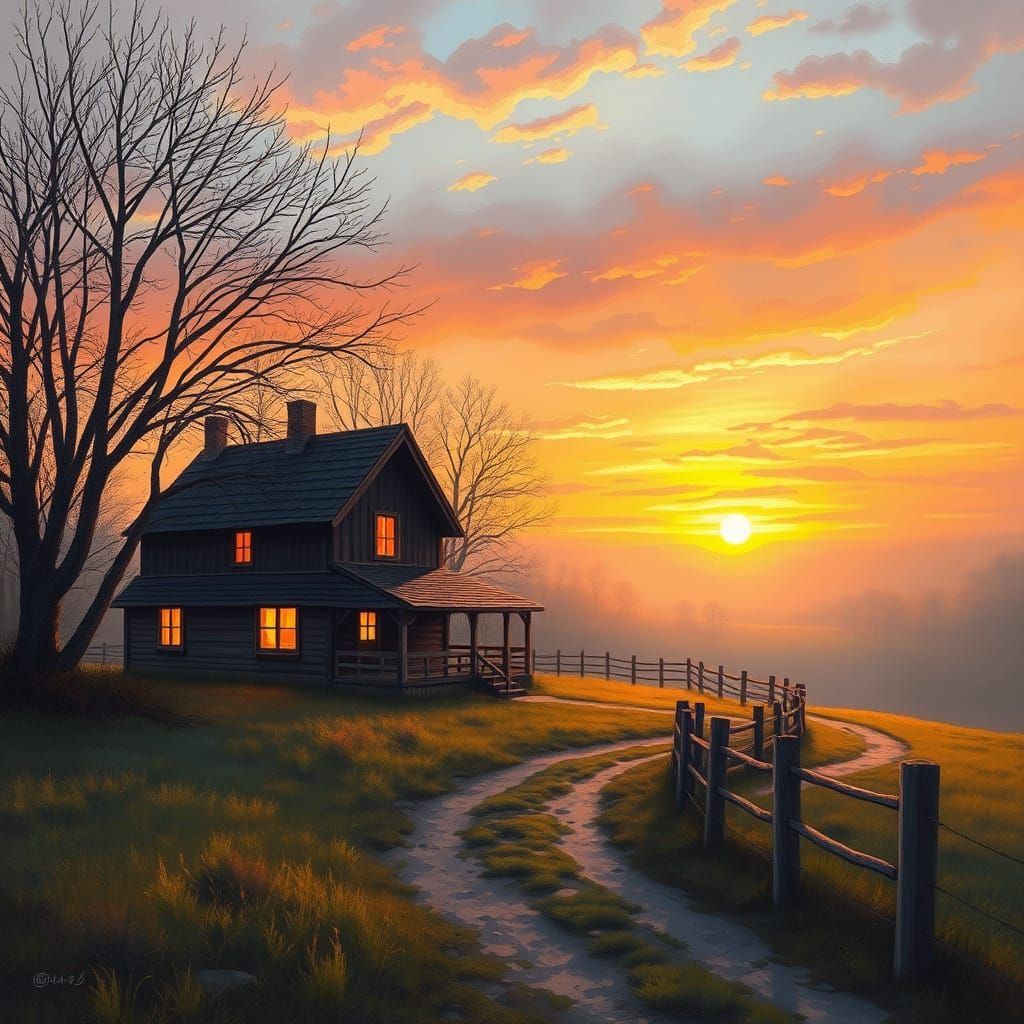 Rustic Countryside Scene at Sunset in Impressionistic Style