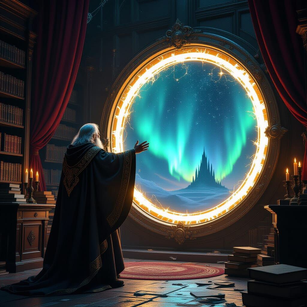 Scholar Reaching Celestial Portal in Futuristic Style