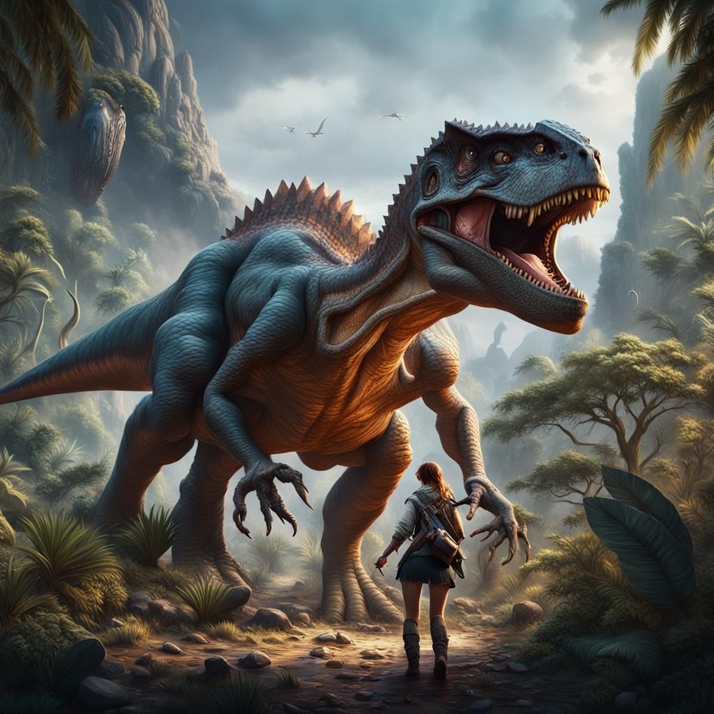 Girl Hunting Dinosaur in Detailed Matte Painting