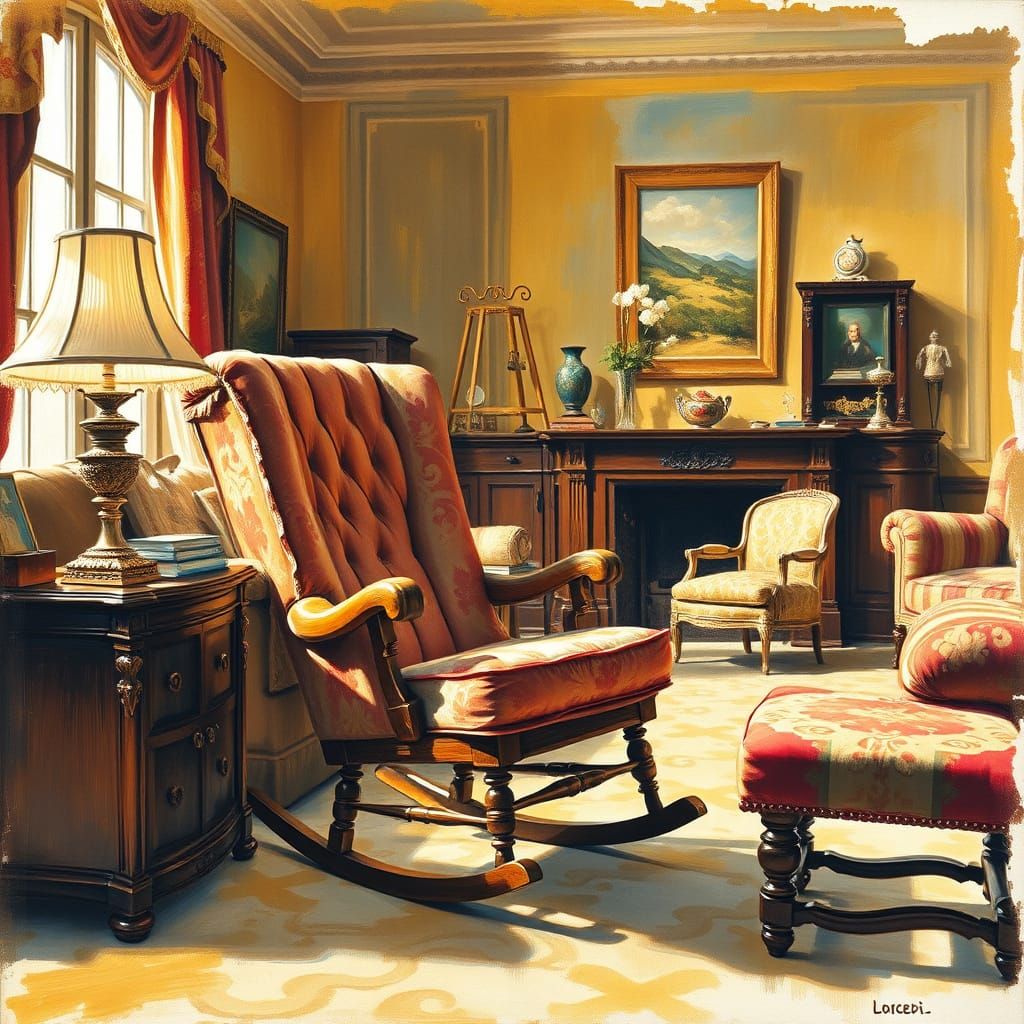 Inviting Living Room with Velvet Rocking Chair as Gouache Pa...