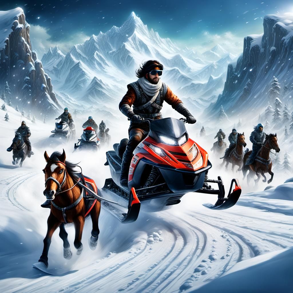 Prince of Persia on Snowmobile in Snowy Landscape