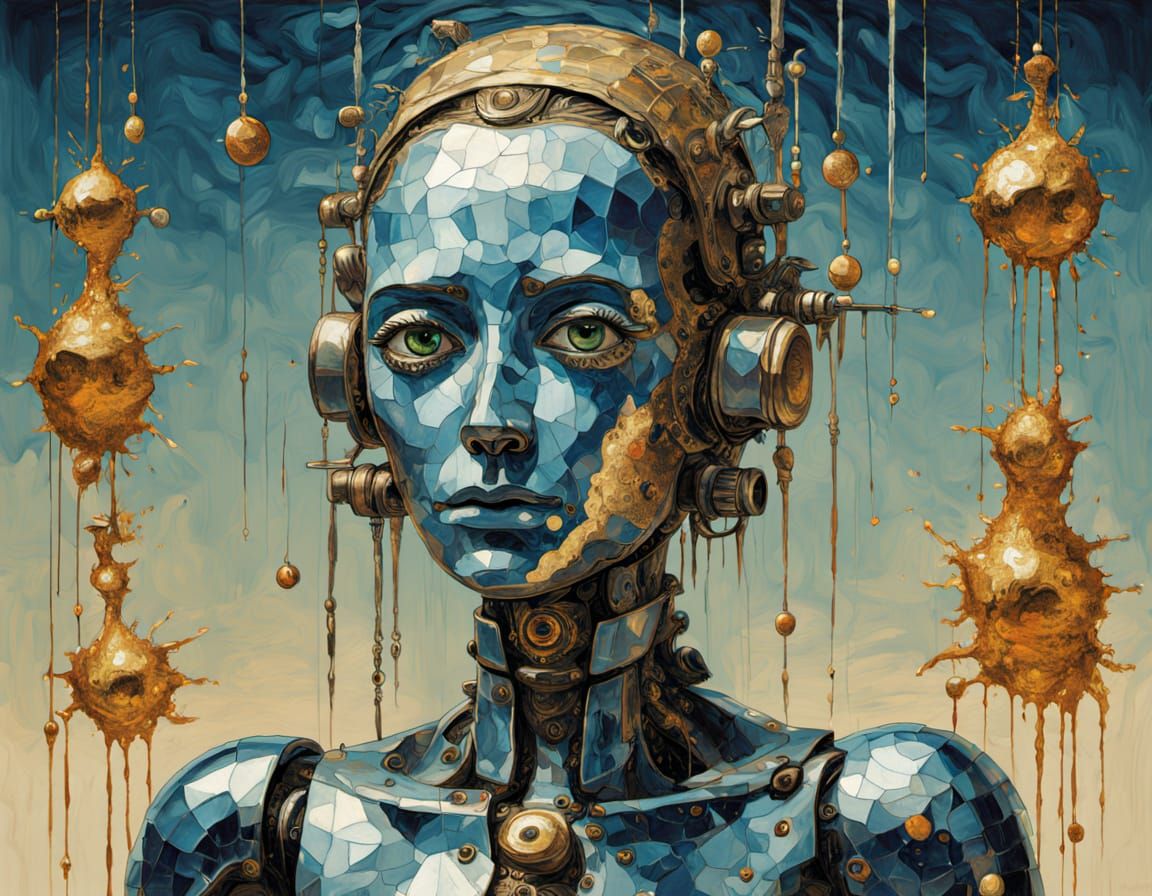 Surrealist Robot Contemplates Life in a Dreamlike Landscape