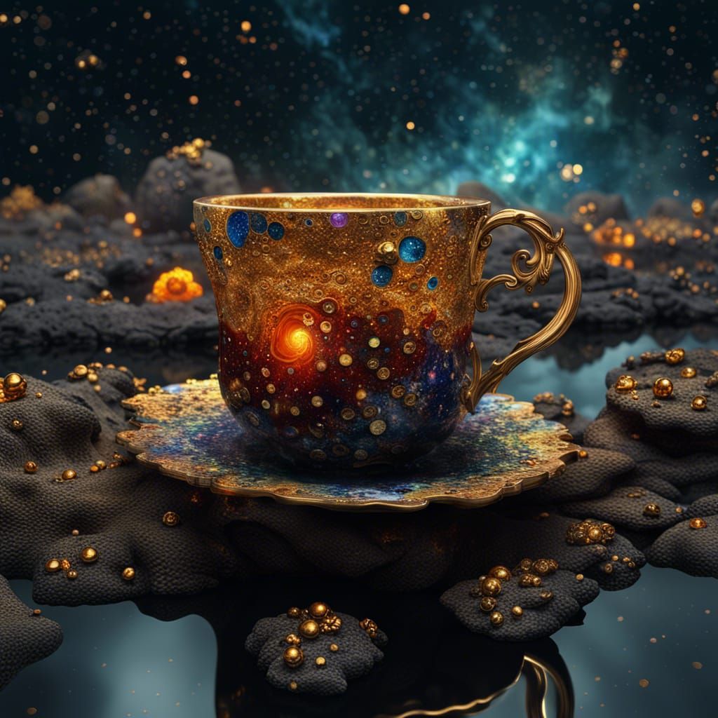 Surreal Tea Cup in Nebula, Art Nouveau Style