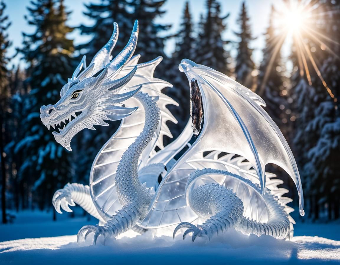 Giant Ice Dragon Sculpture in Winter Wonderland
