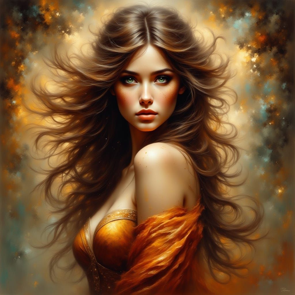 Luminous Auburn-Haired Woman in Naturalist Oil Painting