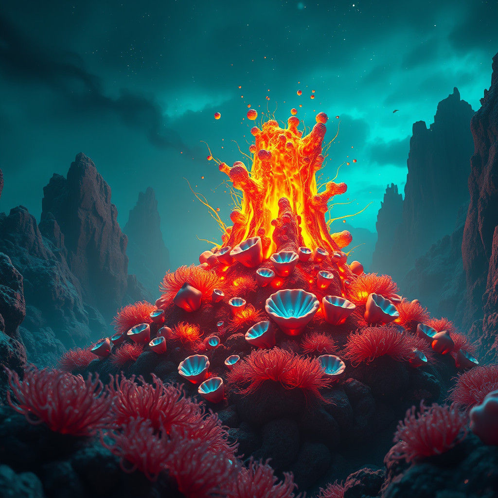 Coral Volcano Eruption in Biomechanical Art Style