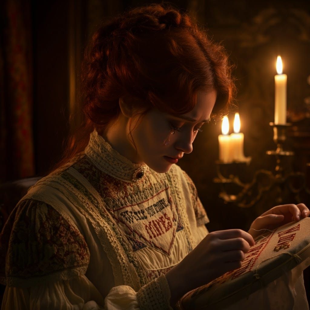 Victorian Lady Embroiders Love Message in Candlelit Parlour
