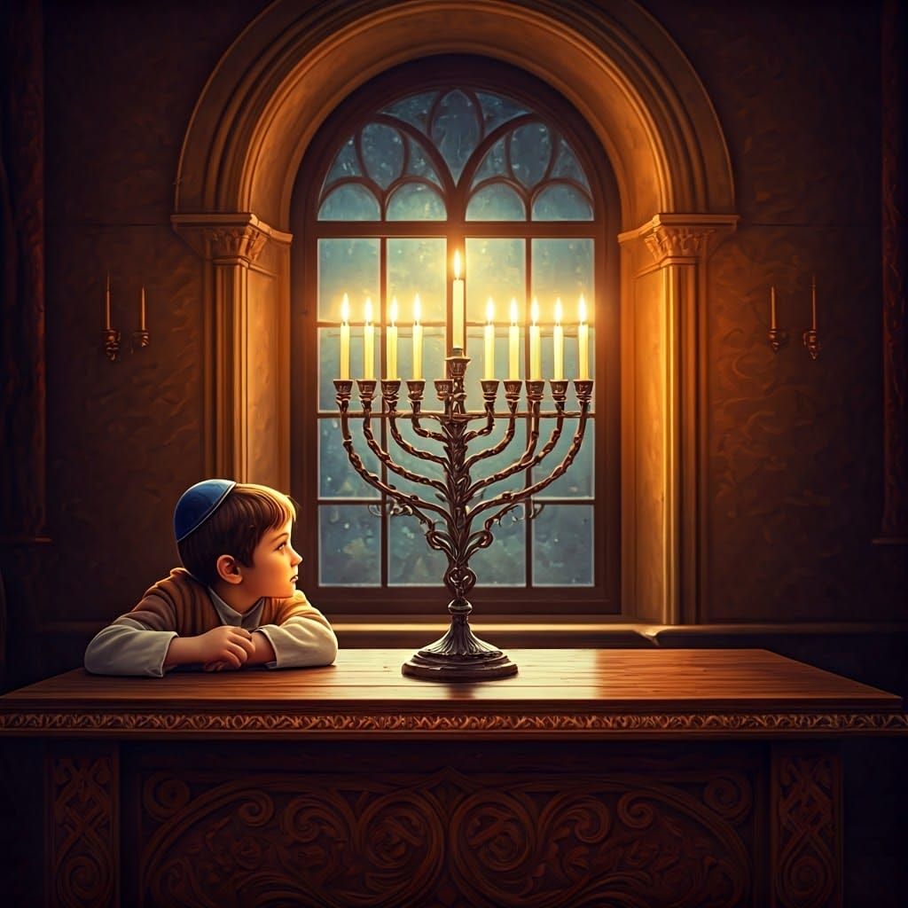 Hanukkah Boy in Warm, Muted Nightlight