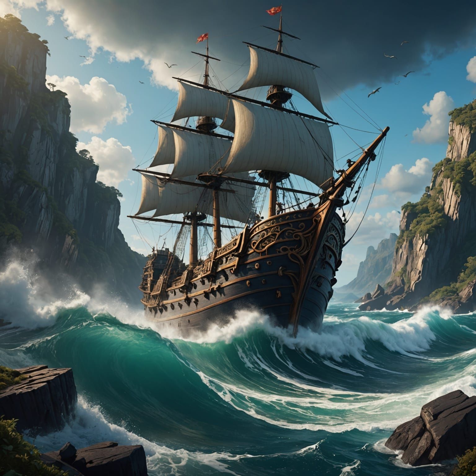 Ship on Stormy Sea, Maritime Painting Style