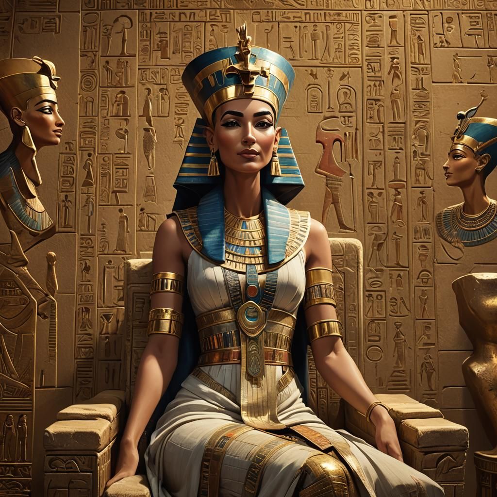 Queen Nefertiti on Golden Throne in Hyperrealistic Art