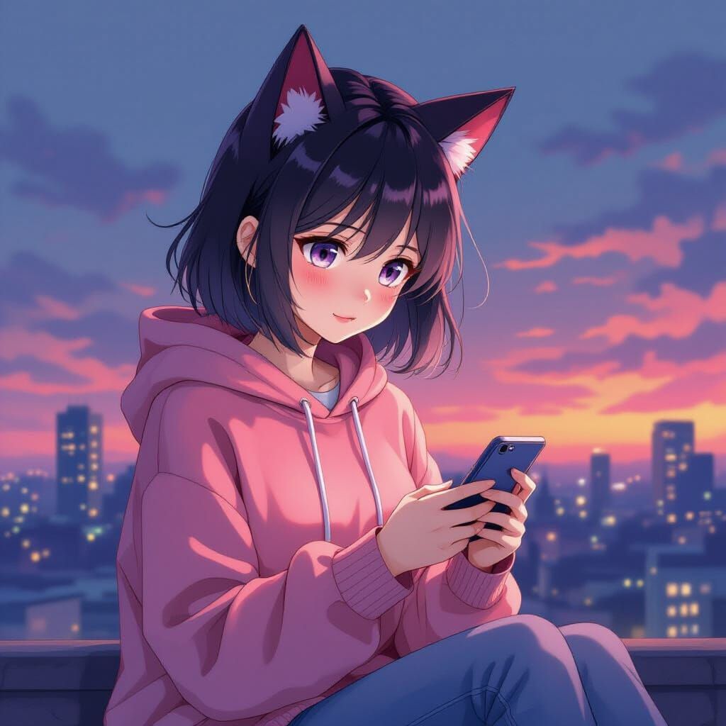 Anime Girl with Bat Ears in Vibrant Anime Style