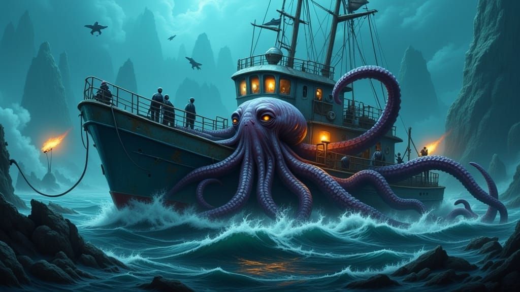 Sharktopus Looms Over Fishing Trawler