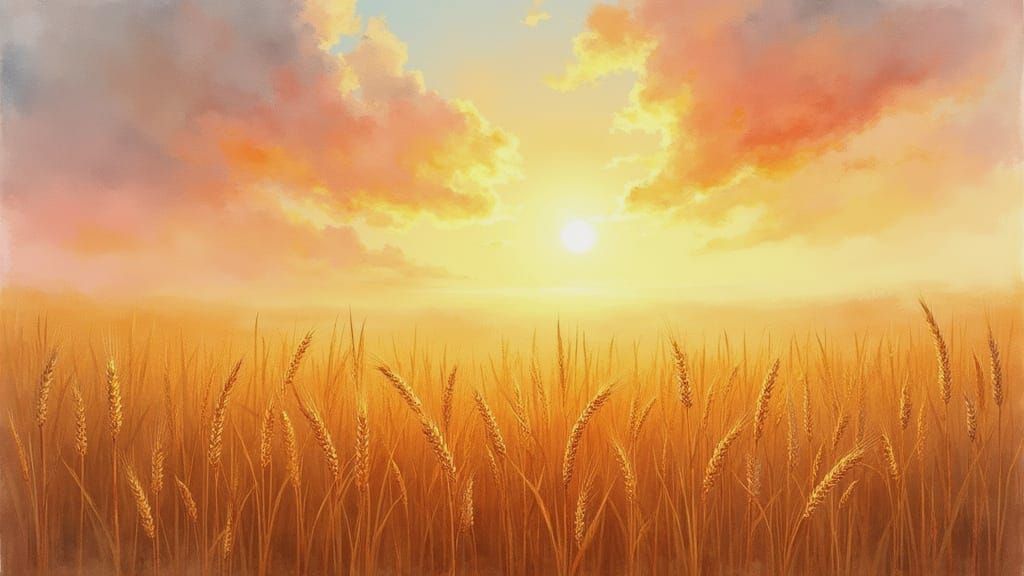 A midwest wheat field at harvest time as the sunsets beautif...