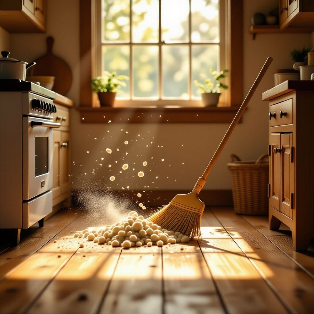 Magical Broom and Dustpan Cleaning Rustic Kitchen Floor