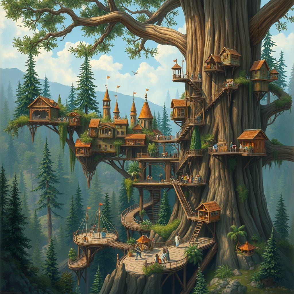 Colossal Redwood Treehouse City in Painterly Style