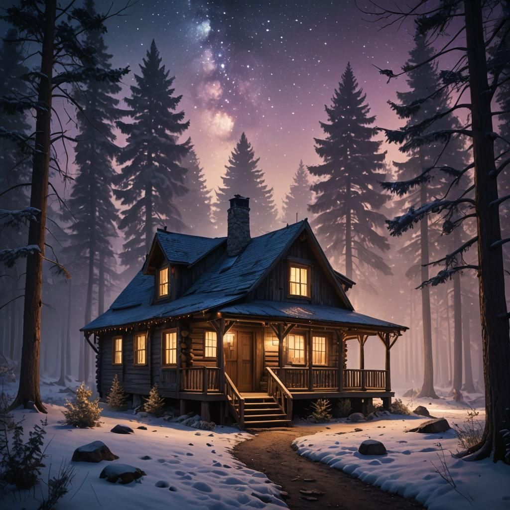 Cozy Cabin Under Starry Night in Magical Realism