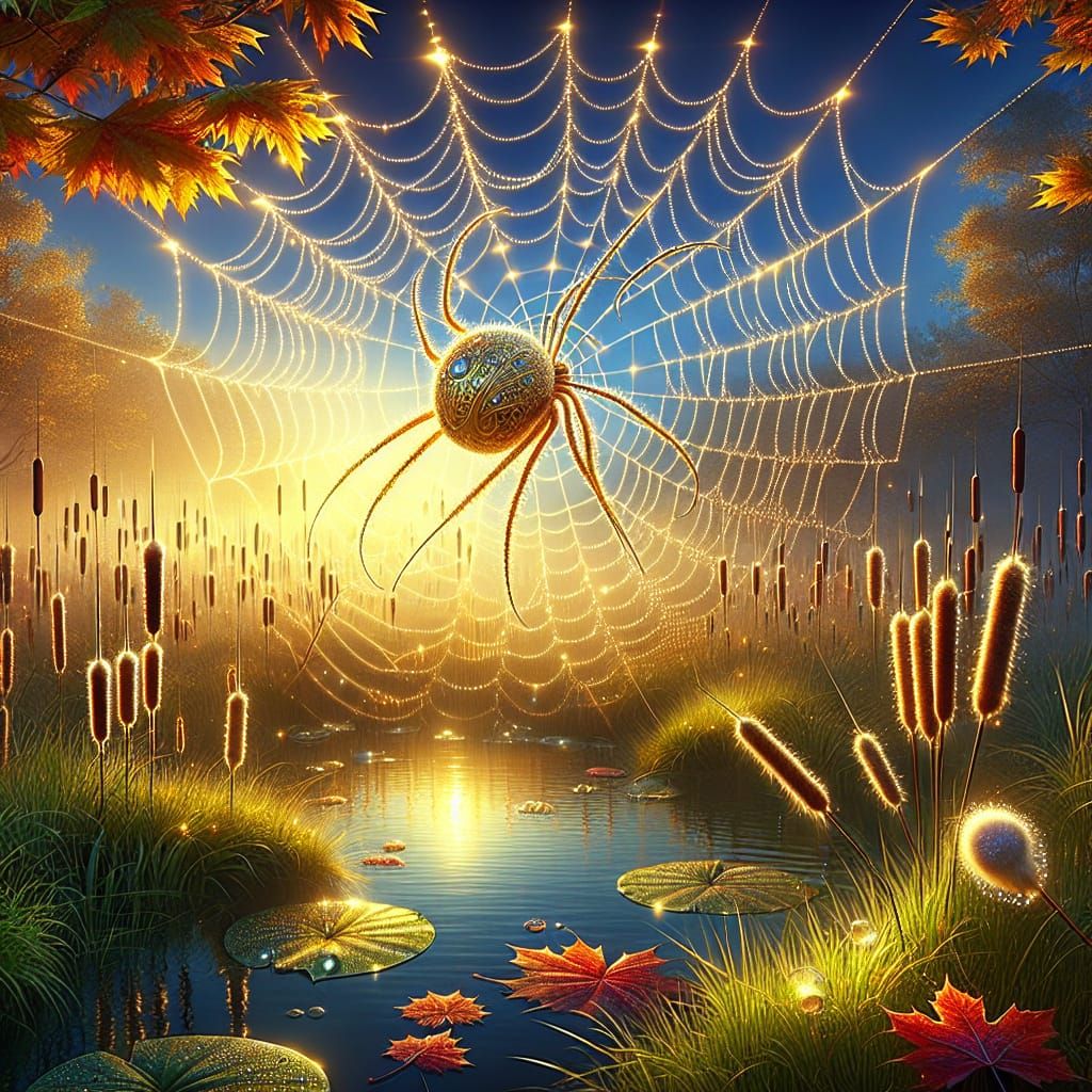 Golden Spider Web on Autumn Morning