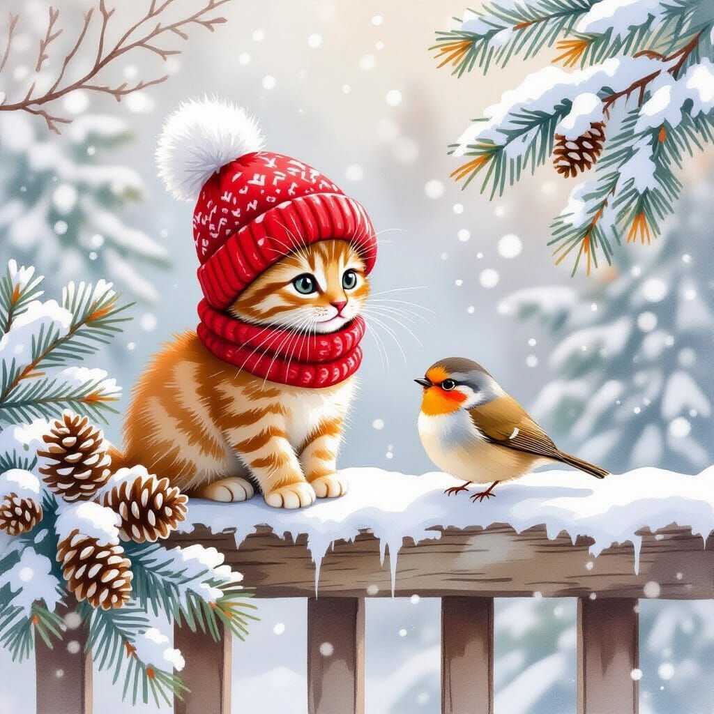 Cozy Kitten and Bird on Snowy Railing in Watercolor Style