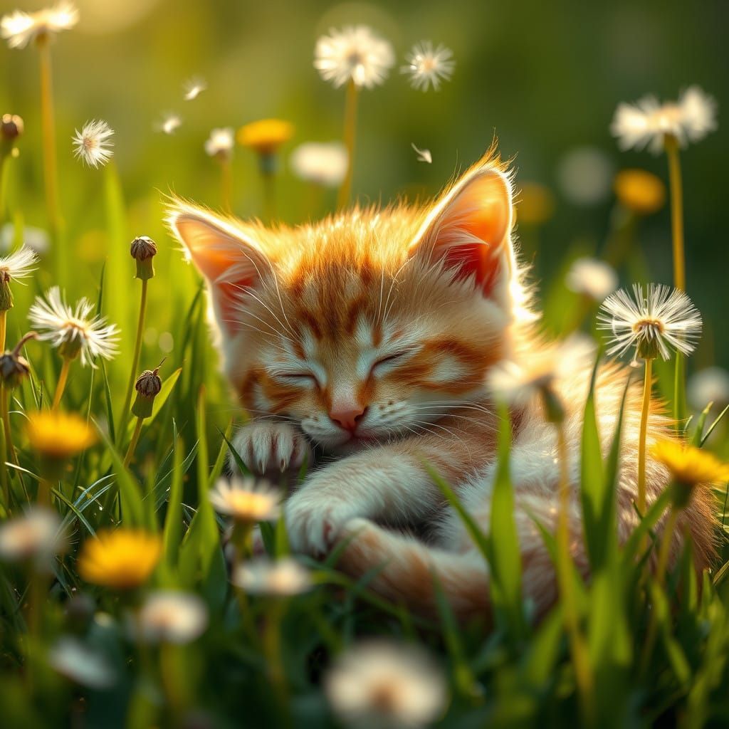 Surreal Ginger Kitten in Whimsical Dandelion Scene