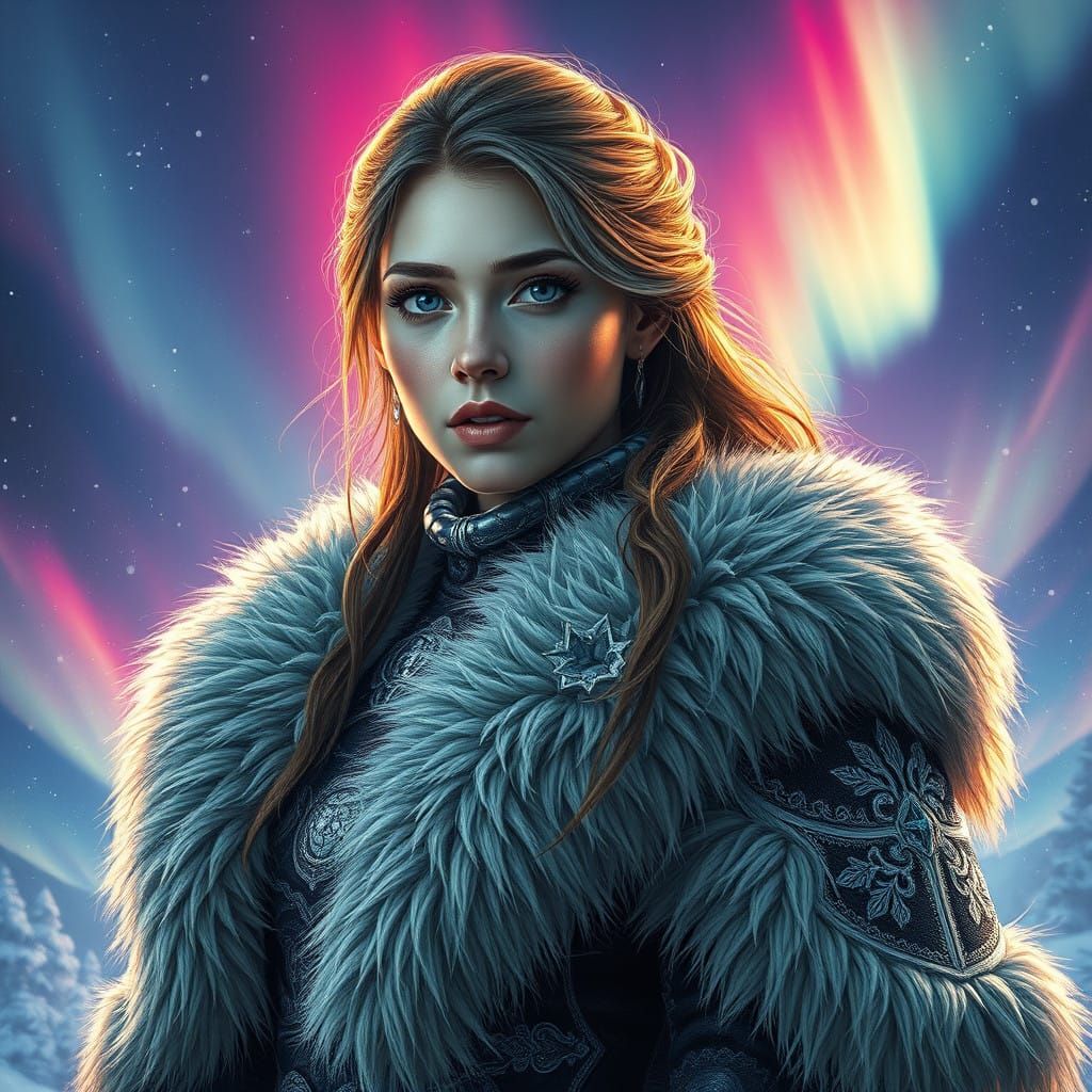 Regal Woman Dominates Winter Sky in Hyperrealistic Style