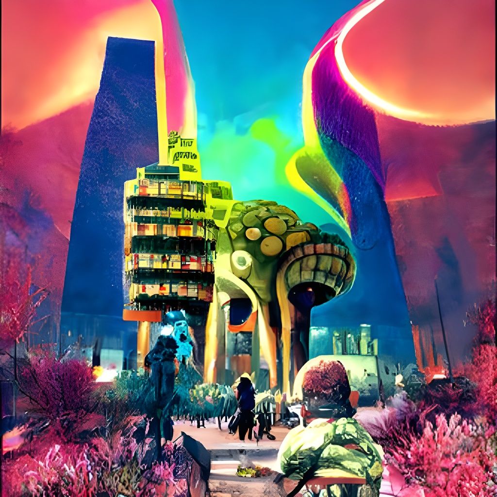 Biopunk City with Rainbow, Fauvist Digital Art