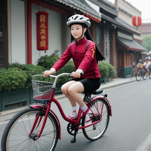 Chinese Beauty Rides Bike in City Street
