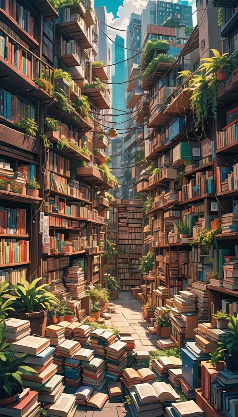 Vibrant Manga Cityscape with Scattered Books