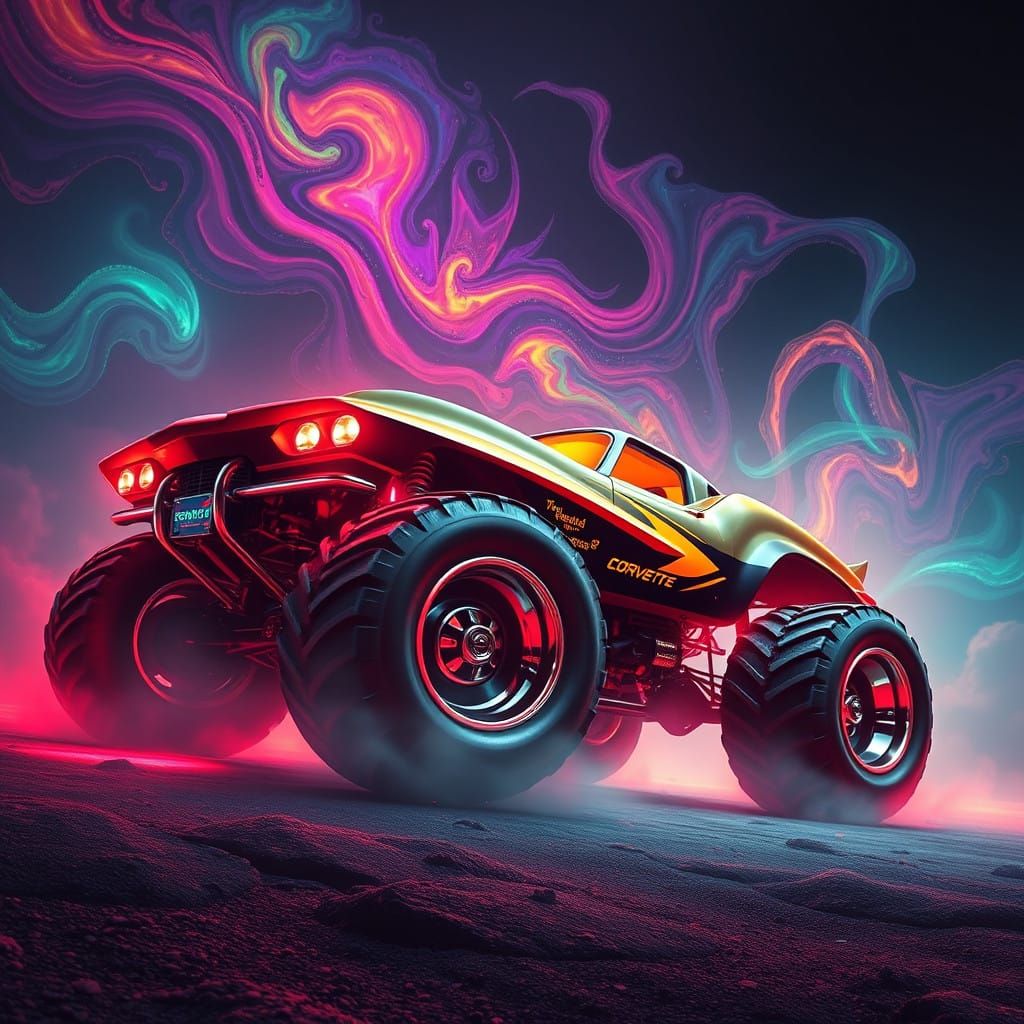 Cyberpunk Corvette Monster Truck with Chrome Wheels