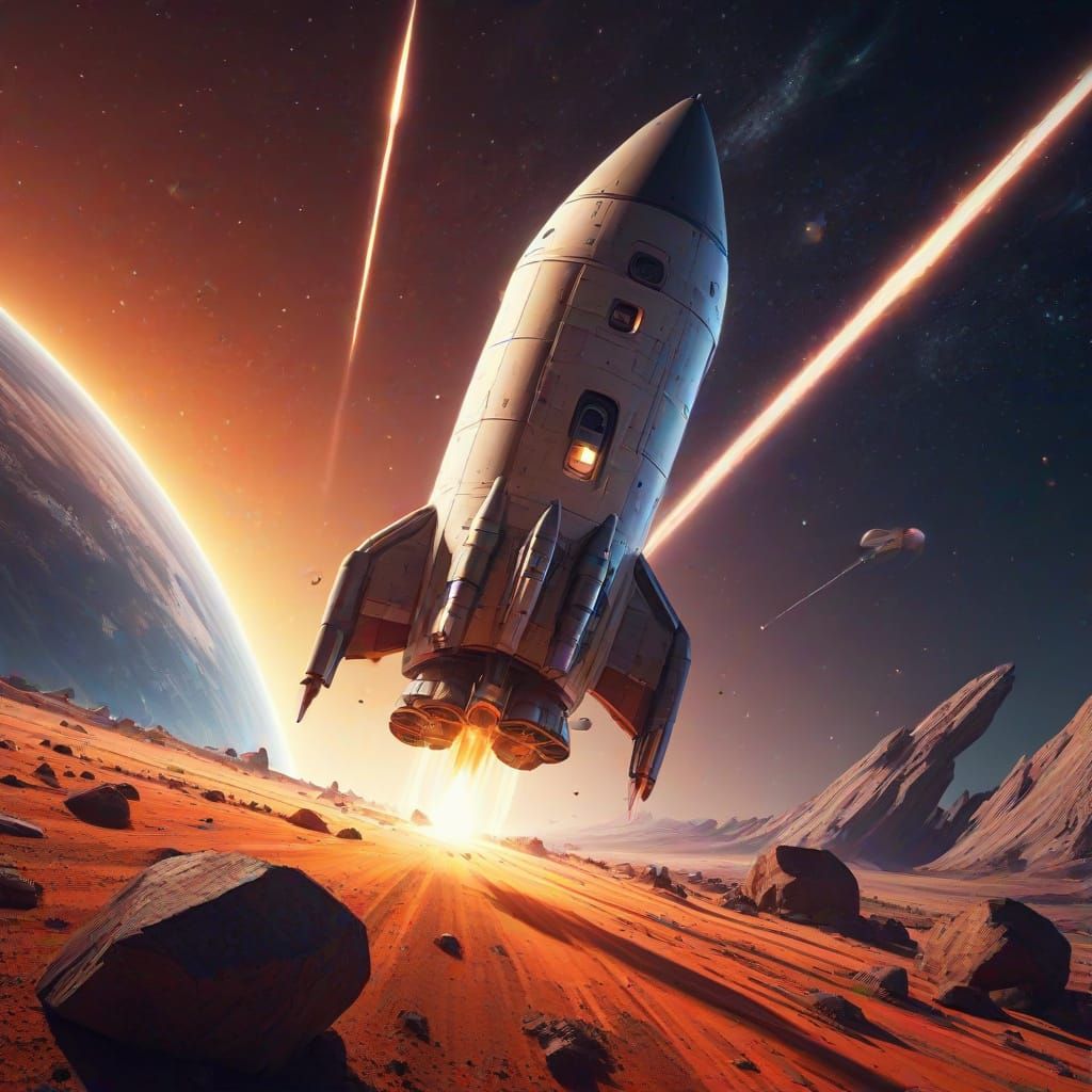 Colorful Cubist Rocket Lands on Alien Planet