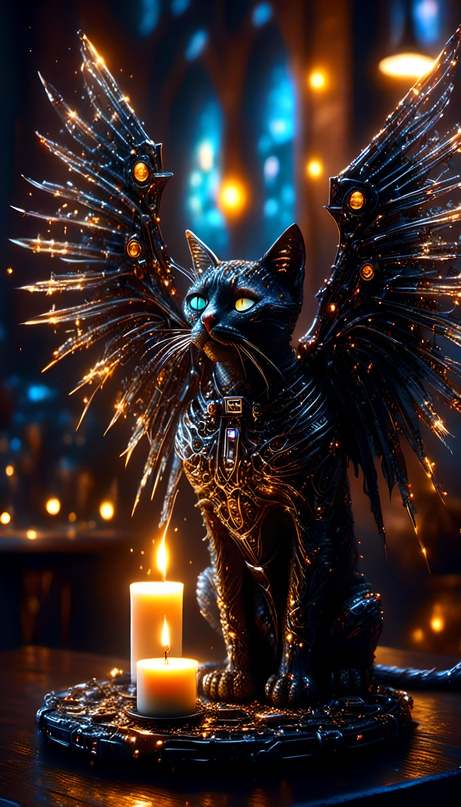 Cyberpunk Robotic Cat with Gothic Wings