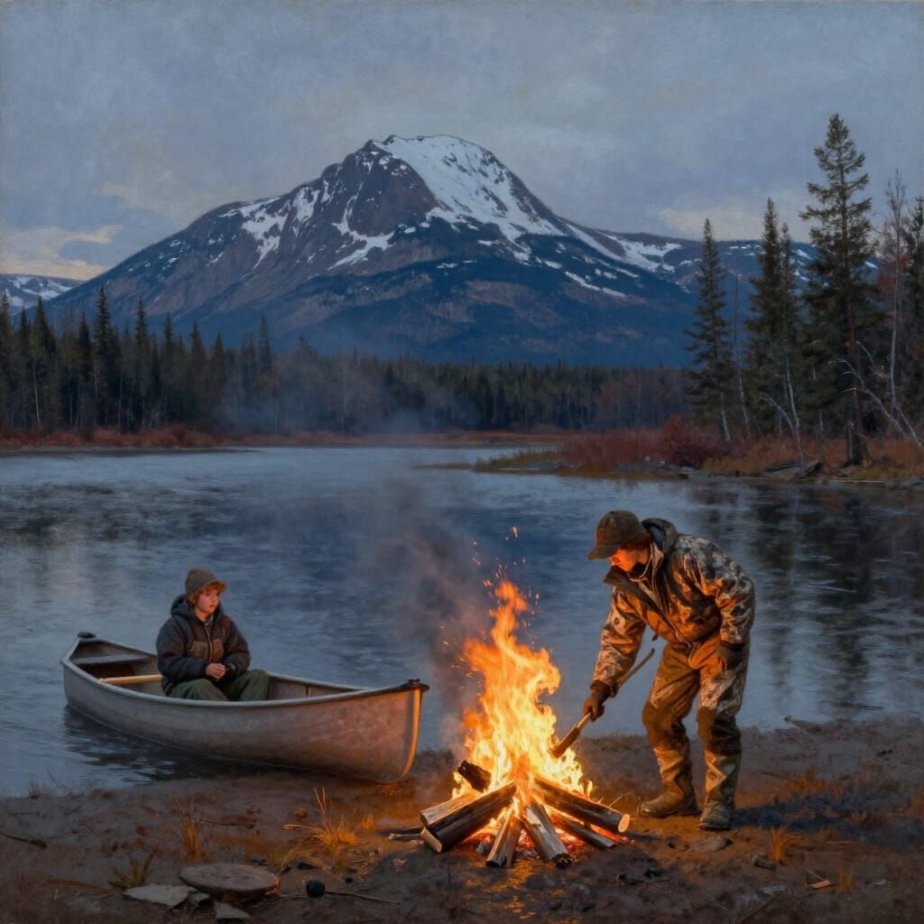 Dene Trapper Ignites Campfire at Dusk by Nahanni River