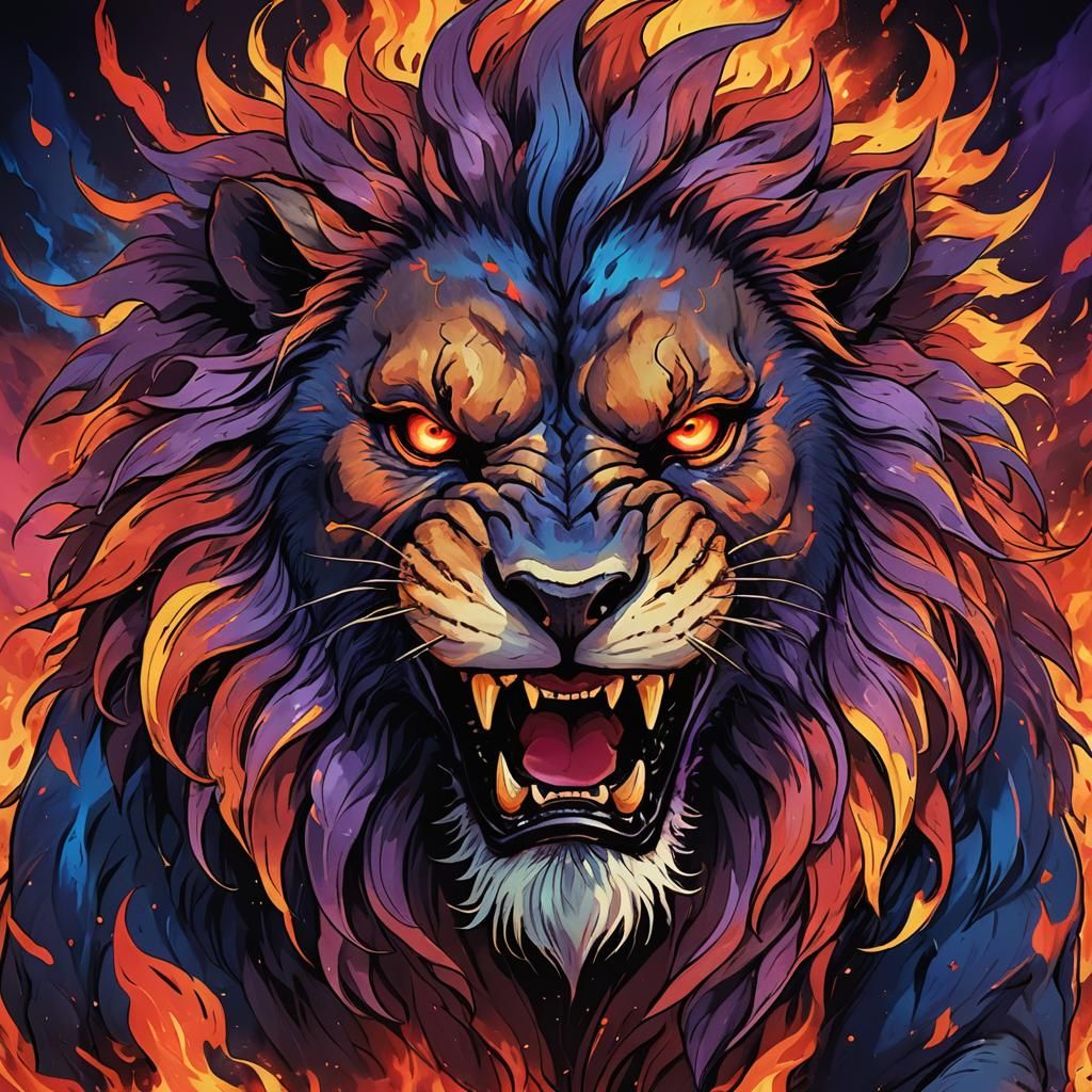 Demonic Lion Roaring in Fiery Inferno: Manga Illustration