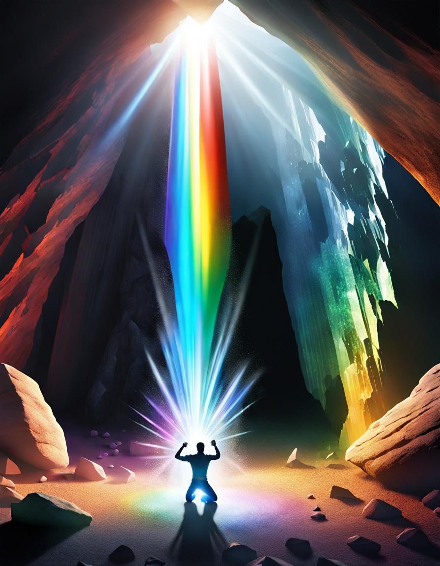 Crystal Humanoid with Sword in Cave, Rainbow Light