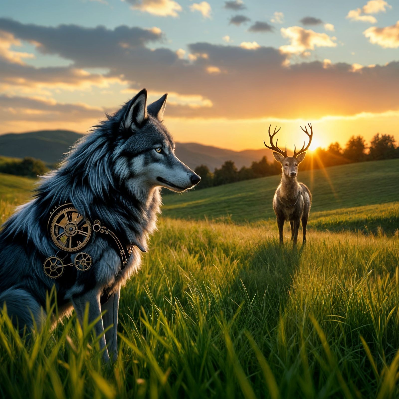 Clockwork Wolf Watches Deer in Sunrise Field