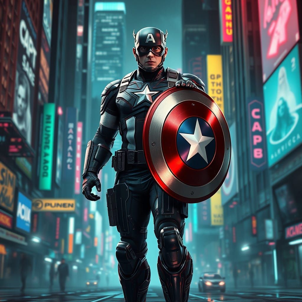 Cyberpunk Captain America, Hero of a Gritty Futuristic Metro...